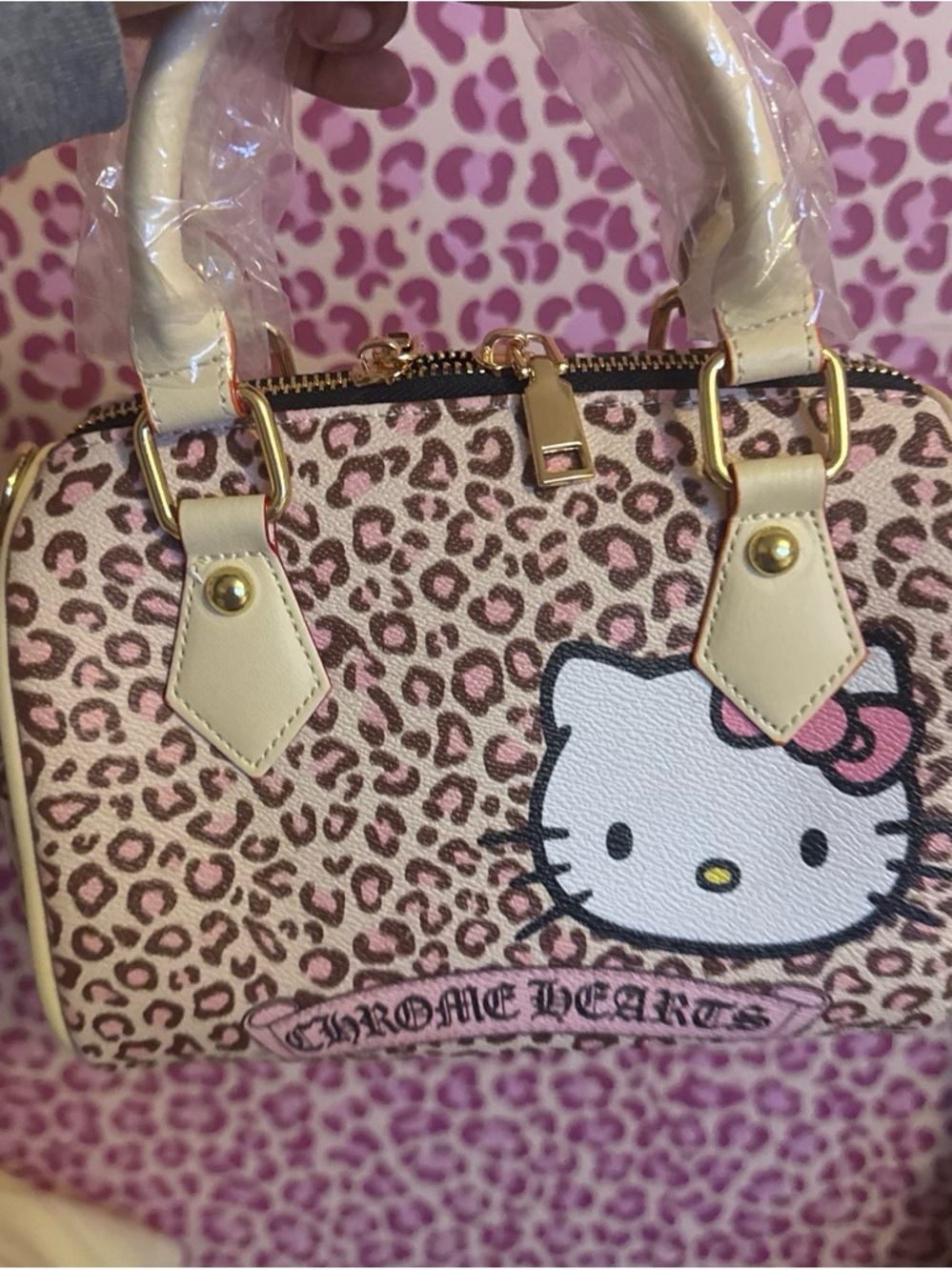 Pink Leopard Hello Kitty Mini Satchel with Cream Trim